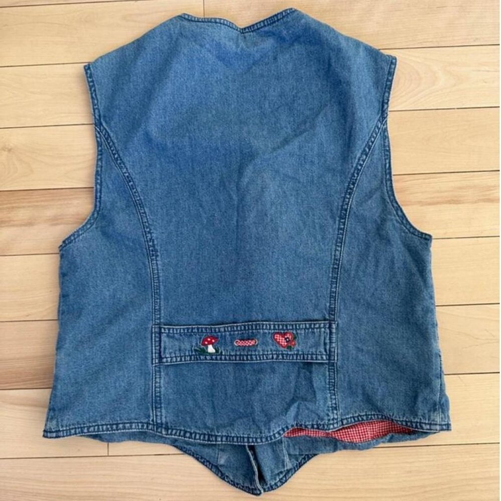 Vintage Meico Denim Vest – Cottagecore Mushroom Embroidery, Gingham Lining - Picture 7 of 8